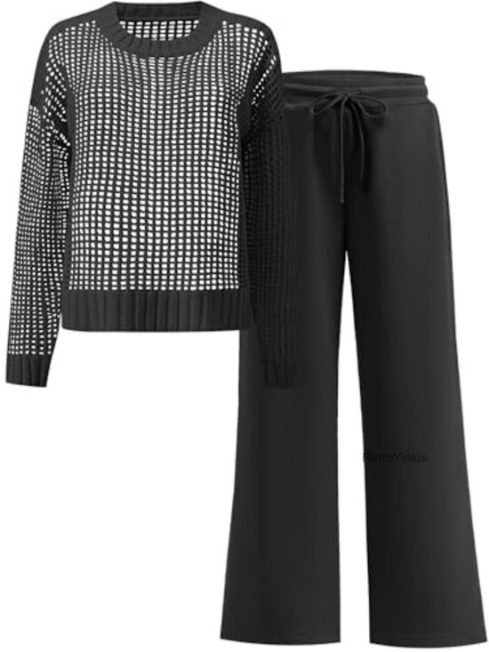 Pants - Crochet Sheer Knit Two Piece Lounge Set Wide Leg Pants Sweatsuit